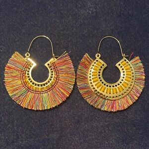 Vibrant Gold Multicolor Fringe Hoop Earrings